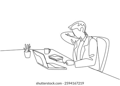 Single continuous line drawing a businessman hold the back of neck with both hands. Stiff neck. Tense muscles. Too focused on laptop. Fibromyalgia Awareness Day. One line design vector illustration