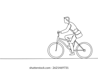 Single continuous line drawing businessman in suit and tie riding a bicycle while carrying a briefcase. Keep fit. Stay healthy. Biker. National Bike to Work Day. One line design vector illustration