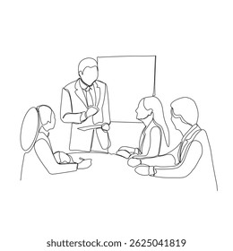 Single continuous line drawing of businessman meeting and presentation in the office illustration. Marketing plan presentation for team members, business meeting concept, single line art.