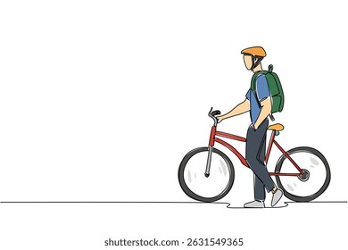 Empresário de desenho de linha única contínua com capacete de bicicleta, carregando mochila e empurrando sua bicicleta. Dê uma volta, faça uma pausa. Dia Nacional da Bicicleta ao Trabalho. Ilustração de vetor de design de uma linha