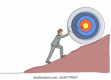 Single continuous line drawing businessman push up big target to mountain. Salary man pushing giant target upwards so very difficult. Goal too big can be difficult. One line draw graphic design vector