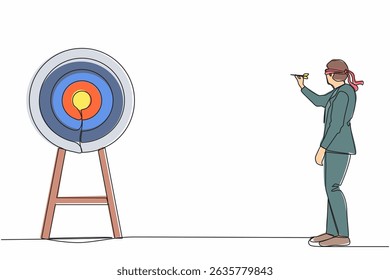 Um único empresário de desenho de linha contínua usando venda e acertar alvo de dardos. Confuso homem de negócios de venda com ponto de interrogação tentando acertar o alvo com dardo. Vetor de design gráfico com desenho de uma linha