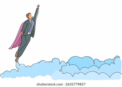 Single continuous line drawing businessman flying in the sky like superhero. Successful businessman flies up through the sky. Business startup concept. one line draw graphic design vector illustration