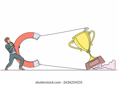 Single continuous line drawing businessman attracting big trophy with huge magnet. Victory sign. Success, achievement, business goals concept. Dynamic one line draw graphic design vector illustration