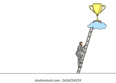 Single continuous line drawing businessman climb to trophy over clouds. Businessman climbing ladder to success. Motivation concept to be successful. One line draw graphic design vector illustration