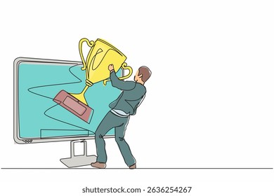 Single continuous line drawing businessman pulls out trophy cup from computer screen. Working on award winning project, freelance job, online work, winner. One line graphic design vector illustration