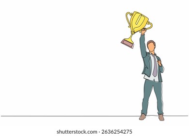 Single continuous line drawing businessman with trophy standing with arms lifted in the air. Man celebrating his business award. Winner and reaching goals concept. One line draw graphic design vector