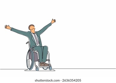 Single continuous line drawing businessman sitting in wheelchair, raising hands in happiness, rehabilitation concept. Happy person raising his hands up for joy. One line draw graphic design vector