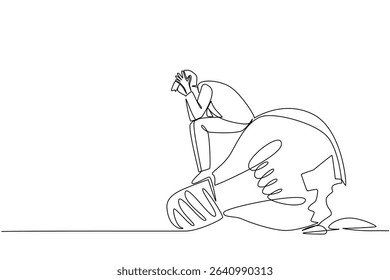 Single continuous line drawing a businessman sits on a broken lightbulb with both hands holds head. Ideas that failed to be implemented. National Creativity Day. One line design vector illustration