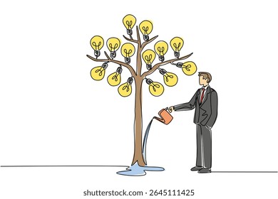 Single continuous line drawing businessman watering big tree bearing many fruits with lightbulb with watering can. Taking care of thoughts. National Creativity Day. One line design vector illustration