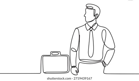  A single, continuous line drawing of a businessman in a suit and tie holding a briefcase, symbolizing professionalism and career success.