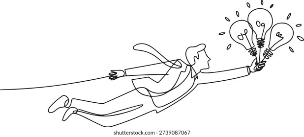 Single continuous line drawing businessman flying holding idea bulbs. Big idea to solve business problem, invention or innovation to drive business growth. one line Icon drawing
