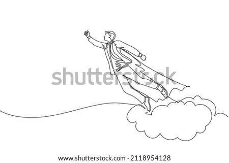 Single continuous line drawing businessman superhero flies up and leaves cloud of dust. Super worker in robe cloak takes off. Power and uniqueness business concept. One line draw graphic design vector