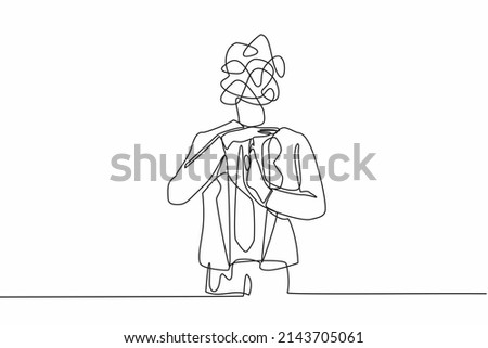 Single continuous line drawing businessman with round scribbles instead of head. Stop working, time break gesture, timeout signal. Pause. Nonverbal communication. One line draw graphic design vector