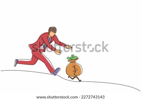 Single continuous line drawing businessman chasing money bag dollar run away. Concept of achieving goals and profits, striving for success, running for money. One line draw design vector illustration