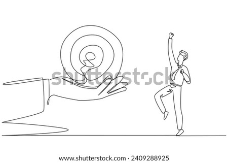 Single continuous line drawing the businessman was excited to get the arrow target board from a giant hand. Get an exciting challenge. Focus on completing on time. One line design vector illustration