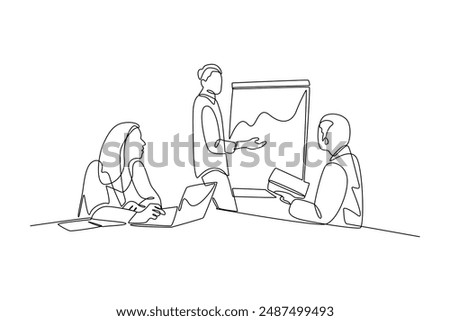 Single continuous line drawing of businessman meeting and presentation in the office illustration