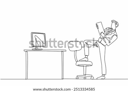 Single continuous line drawing businessman wearing headphones and using keyboard like guitar. Hidden desires. Prioritize hobbies, not work. National Goof Off Day. One line design vector illustration