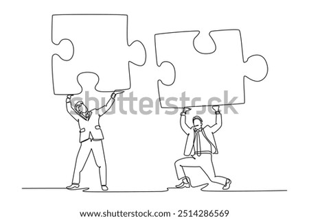 Single continuous line drawing of businessman partner connect jigsaw puzzle. Partnership working together for success. Teamwork or unity to cooperate. One line draw graphic design vector illustration