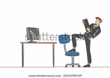 Single continuous line drawing businessman wearing headphones and using keyboard like guitar. Hidden desires. Prioritize hobbies, not work. National Goof Off Day. One line design vector illustration