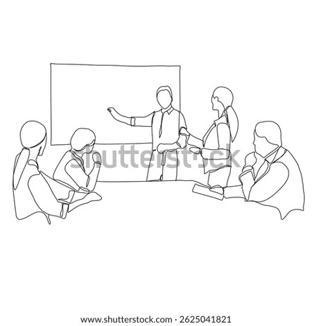 Single continuous line drawing of businessman meeting and presentation in the office illustration. Marketing plan presentation for team members, business meeting concept, single line art.