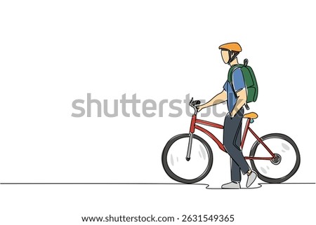 Single continuous line drawing businessman with bicycle helmet, carrying backpack and pushing his bicycle. Take a walk, take a break. National Bike to Work Day. One line design vector illustration