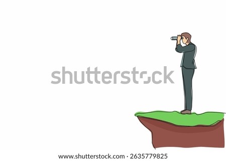 Single continuous line drawing businessman looking in binoculars standing on cliff. Business vision concept, leadership, achievement, target. Dynamic one line draw graphic design vector illustration