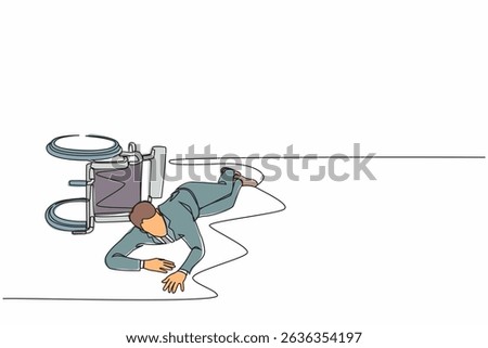 Single continuous line drawing businessman fell off wheelchair sitting on floor. Disabled man patient accident falling down and crawling for help in hospital room. One line draw graphic design vector