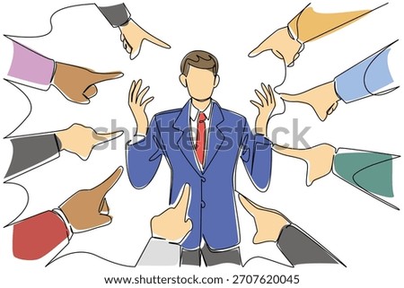 Single continuous line drawing of Businessman in blue jacket stands confused with raised hands while many pointing hands surround him from all directions. National Blame Someone Else Day event