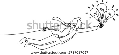 Single continuous line drawing businessman flying holding idea bulbs. Big idea to solve business problem, invention or innovation to drive business growth. one line Icon drawing
