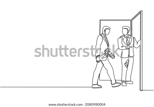 Single continuous line drawing businessman\
at the door welcomes his friend in. Man is inviting his friend to\
get into his house. Hospitality concept. One line draw graphic\
design vector\
illustration
