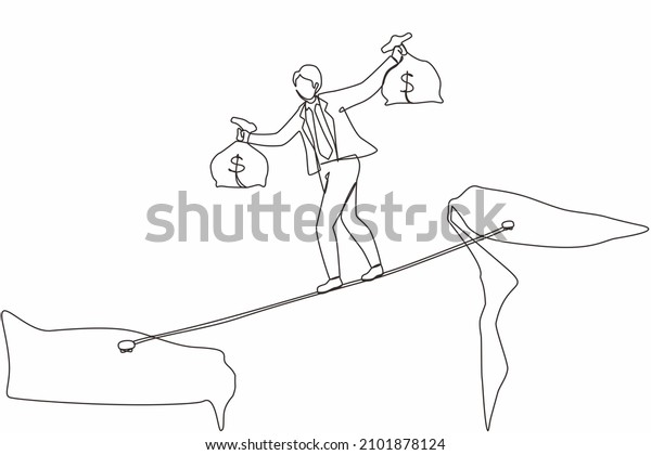 Single continuous line drawing businessman\
walk over cliff gap mountain carry two money bag risking dangerous.\
Young male walking balance on rope bridge. One line graphic design\
vector illustration