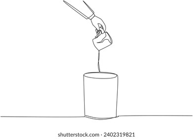 Single continuous line drawing businessman's hand throws away broken mug. businessman's hand throws away broken mug. Can not be used. Drinking water will seep out. One line design vector illustration