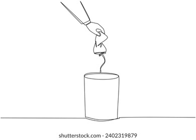 Single continuous line drawing businessman's hand throws away a crushed drink can. The correct way to dispose of it. Can be recycled. Useful waste. Broken. Cracked. One line design vector illustration