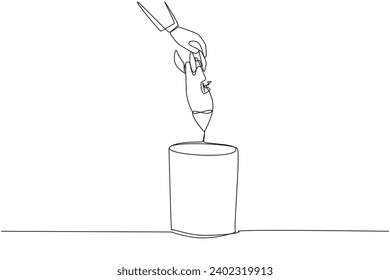 Una sola línea contínua dibujando la mano de un empresario tirando un cohete roto. No puedo volar. No expandir el negocio. Equipo insuficiente. Problemas comerciales. Ilustración vectorial de diseño de una línea