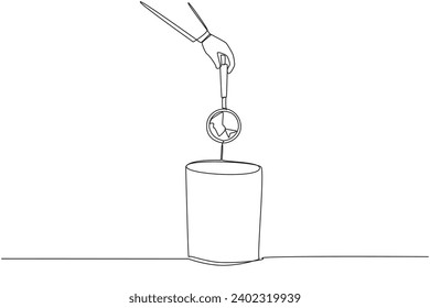 Single continuous line drawing businessman's hand throwing away broken magnifier. Doesn't have optics. Cannot be used for research. Cannot be used for searching. One line design vector illustration