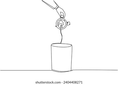Una sola línea contínua que dibuja la mano de un empresario arrojando un reloj despertador roto. Capaz de trabajar de manera eficaz y eficiente. Capaz de utilizar el tiempo. El tiempo es dinero. Ilustración vectorial de diseño de una línea