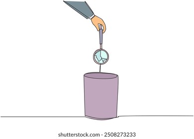 Single continuous line drawing businessman's hand throwing away broken magnifier. Doesn't have optics. Cannot be used for research. Cannot be used for searching. One line design vector illustration