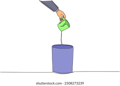 Single continuous line drawing businessman's hand throws away broken mug. businessman's hand throws away broken mug. Can not be used. Drinking water will seep out. One line design vector illustration