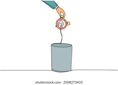 Single continuous line drawing businessman's hand throwing away a broken alarm clock. Able to work effectively and efficiently. Able to utilize time. Time is money. One line design vector illustration
