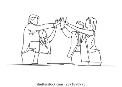 Single continuous line drawing of businessmen and businesswomen celebrating their successive goal at business meeting with high five gesture. Business deal. One line graphic design vector illustration