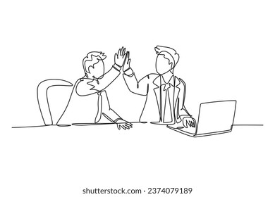 Single continuous line drawing businessmen celebrating their successive target at the business meeting with high five gesture. Business deal concept. One line draw graphic design vector illustration