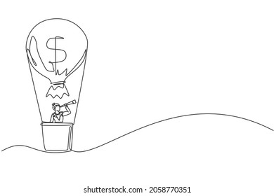 Single continuous line drawing businesswoman in hot air balloon looking with telescope. Business and leadership concept. Financial success to achieve goal. One line draw design vector illustration