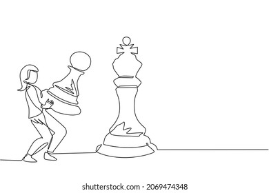 Single continuous line drawing businesswoman holding pawn chess piece to beat king chess. Strategic planning, business development strategy, tactics in entrepreneurship. One line draw design vector