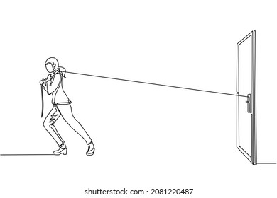 Single continuous line drawing businesswoman trying hard to pulling rope to drag heavy door frame, metaphor to facing big problem. Business struggles. Strength for success. One line draw design vector