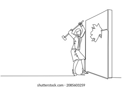 Single continuous line drawing businesswoman breaks and hitting wall with hammer. Achievement way for success. Breakthrough to goal. Leadership in business. Strong people. One line draw design vector