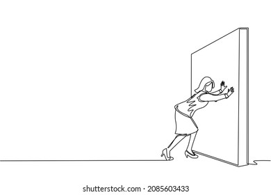 Single Continuous Line Drawing Businesswoman Pushing Wall. Successful Career And Brainstorm, Career Growth And Problem Solution, Smart Idea, Professional Development Concept. One Line Design Vector