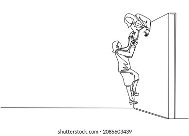 Single continuous line drawing businesswoman helping another businesswoman climb wall. Confident successful leading businesswoman helping another one to get over brick wall. One line design vector