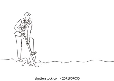 Single continuous line drawing businesswoman digging in dirt using shovel. Woman in blazer dig ground with spade. Business metaphor. Hard working process. One line graphic design vector illustration