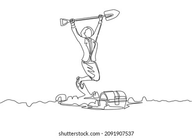 Single continuous line drawing businesswoman in hole prancing happily while lifting shovel with both hands, finding treasure chest. Lucky rich woman. One line draw graphic design vector illustration
